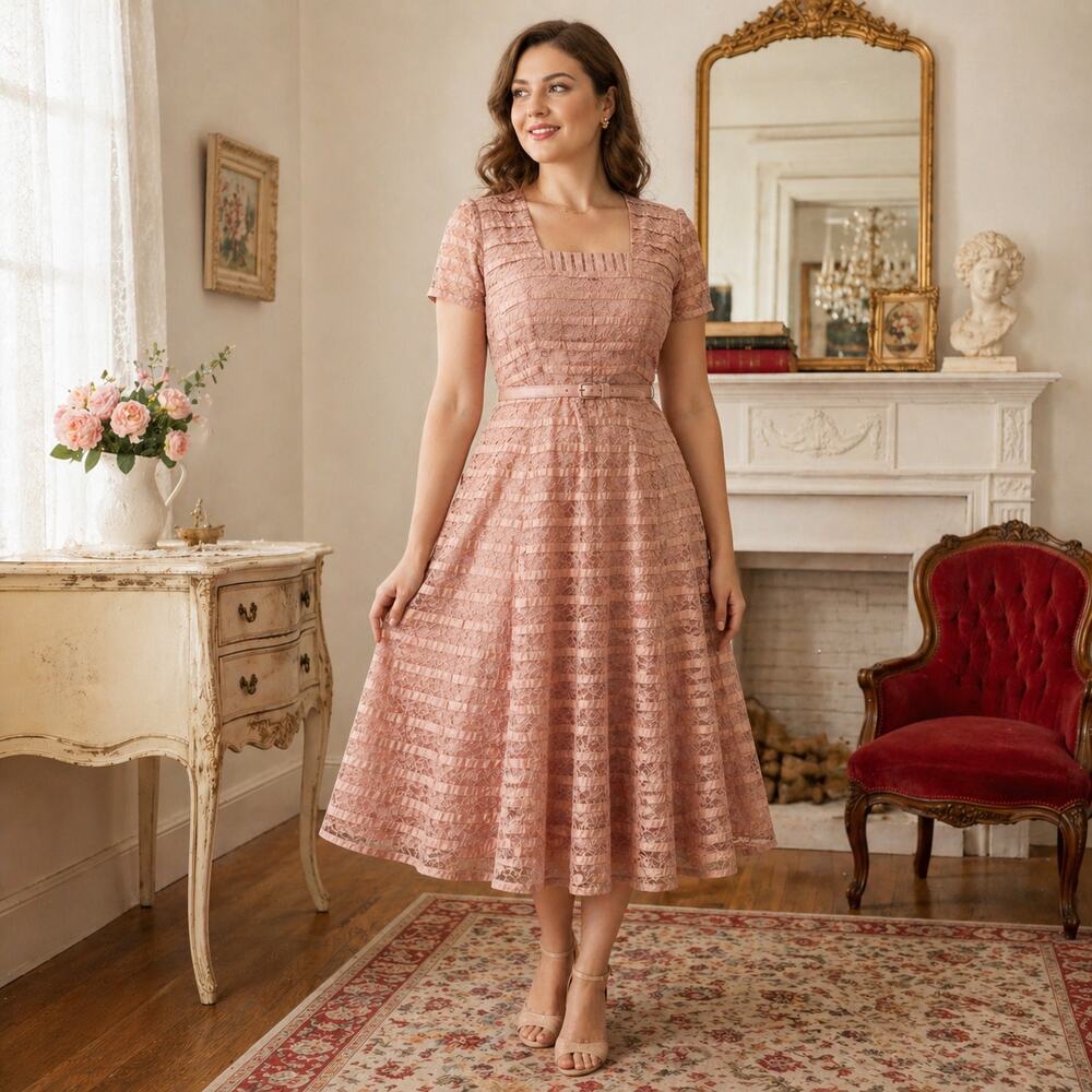 1940s Dusty Rose Lace Fit & Flare Dress w Belt Square Neck - M/L